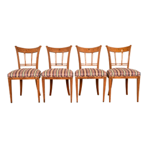 Antique Italian Regency Fruitwood Inlaid Marquetry Dining Chairs, Set of Four