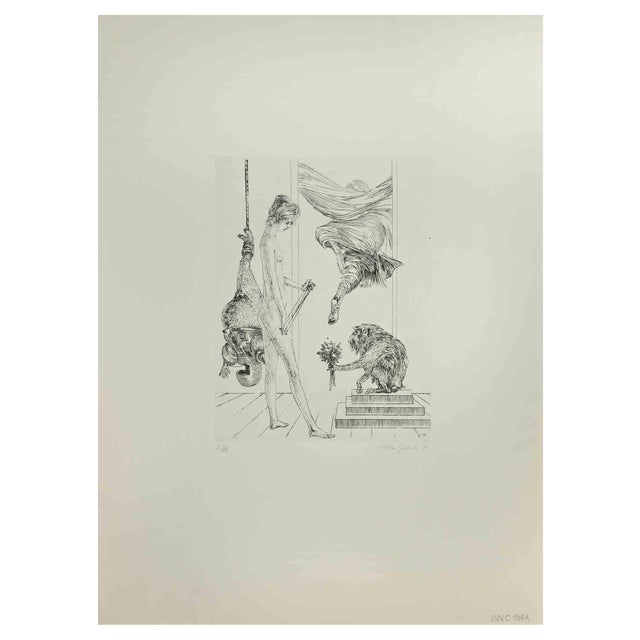 Leo Guida, Woman with Monkey, Etching, 1970s For Sale