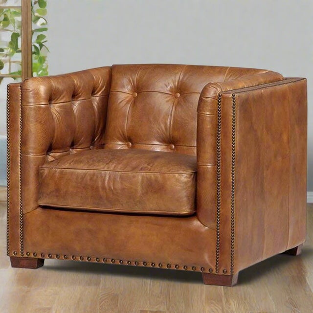 Tuxedo Leather Arm Chair - Light Brown For Sale - Image 4 of 5