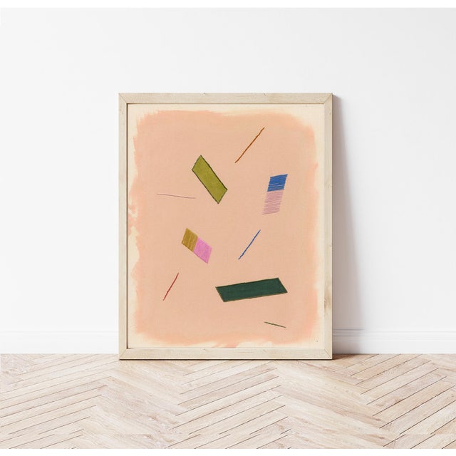 Contemporary Blush Pink Playful Abstract 'Confetti' Art Print, Geometric Shapes, 20 X 16 Print in Wood Frame For Sale - Image 3 of 4
