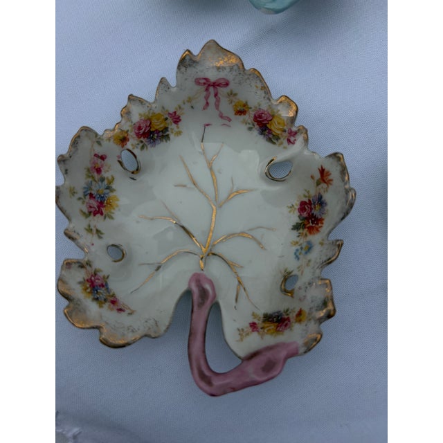 Vintage Hand-Painted Porcelain Leaf Dishes With Pink & Blue Stems - Set of 4 For Sale In San Francisco - Image 6 of 11