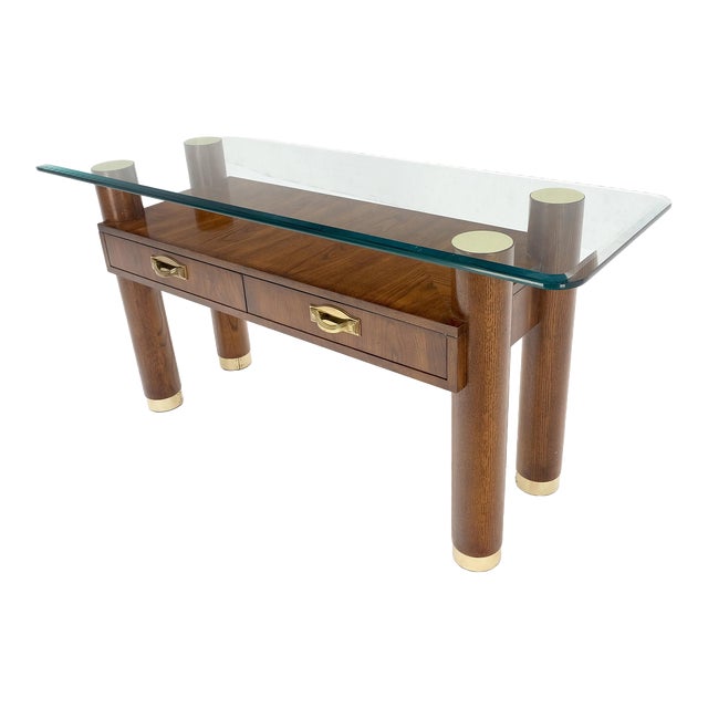 Heavy Solid Oak Cylinder Legs Brass Tips Hardware Two Drawers Console Table MINT For Sale