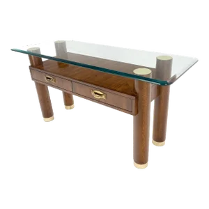 Heavy Solid Oak Cylinder Legs Brass Tips Hardware Two Drawers Console Table MINT