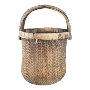Early 20th Century Antique Chinese Hand Woven Willow Rice Gathering Basket Bentwood Handle Bucket