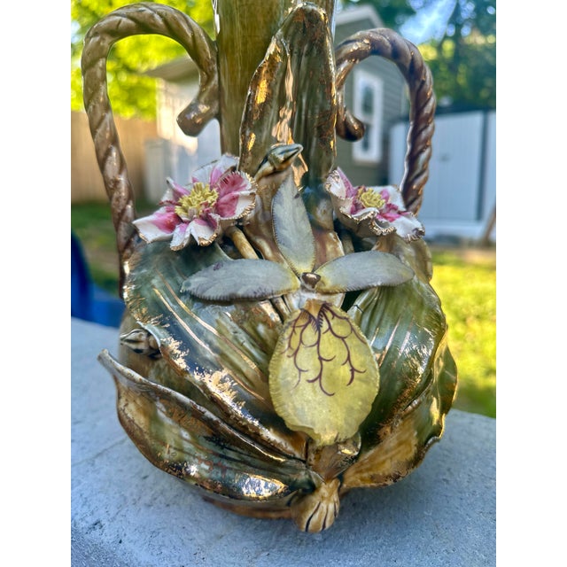Pair of Antique French Art Nouveau Barbotine Majolica Vases With Applied Flowers For Sale - Image 9 of 12