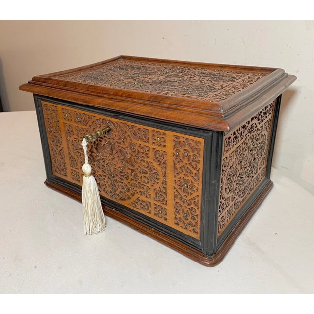 Victorian High Quality 1800's Antique Handmade Carved Wood Ornate Brass Jewelry Box Casket For Sale - Image 3 of 16