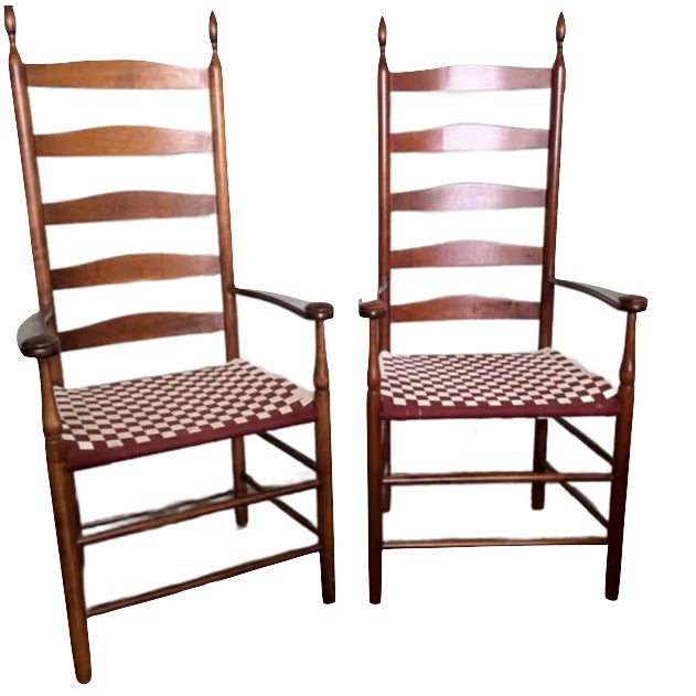 Early 20th Century Pair of Early American Primitive Shaker Style Maple Slat High Back Captain Chairs With Webbed Seats For Sale - Image 13 of 13