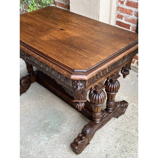 Antique French Dolphin Library Table Writing Desk Renaissance Carved Oak Gothic C1880 For Sale - Image 10 of 13