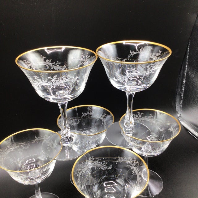Fostoria Golden Lace Champagne/Sherbet Etched Crystal Coupes With Gold Rim - Set of 6 For Sale - Image 12 of 12