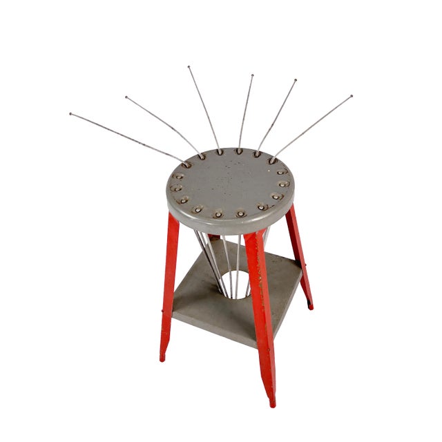 Vintage 1930s Industrial Painted Gray & Red Metal Stool With Built-In ...