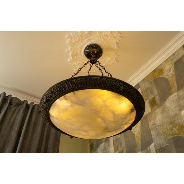 Large Art Deco Eight-Light Alabaster and Bronze Chandelier, 1920s For Sale - Image 3 of 18