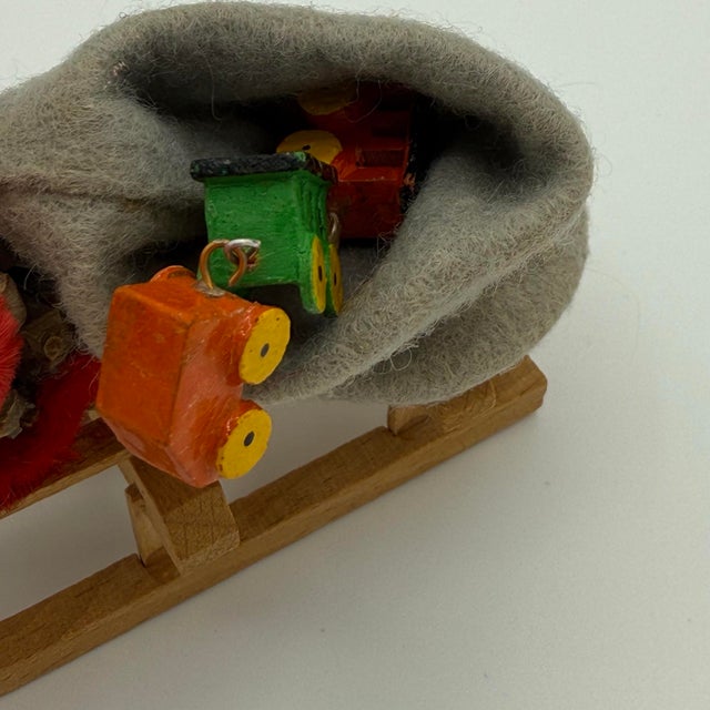 Vintage German Erzgebirge Pinecone Santa on Wooden Sled – Mid-Century Christmas Folk Art With Toy Train For Sale - Image 4 of 12