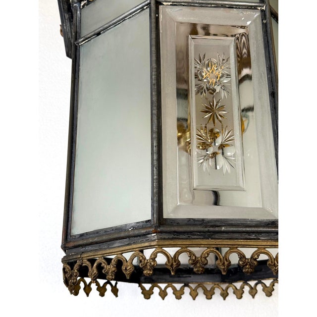 Antique Neoclassical Bronze & Etched Glass Ceiling Lantern For Sale - Image 9 of 11
