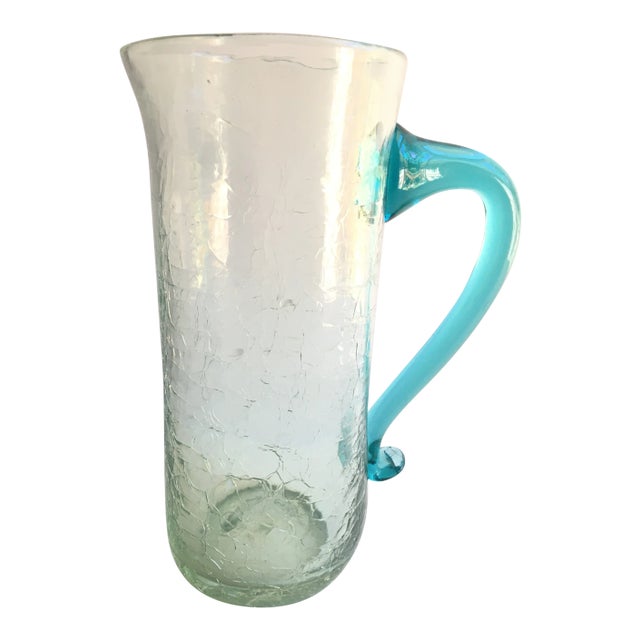 Vintage Hand-Blown Crackle Glass Pitcher With Applied Teal Handle For Sale