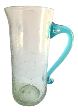 Vintage Hand-Blown Crackle Glass Pitcher With Applied Teal Handle
