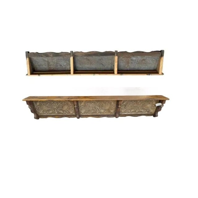 Pair of Vintage 79" Long/Wide Distressed Wood & Pressed Tin Architectural Wall Shelves For Sale - Image 9 of 15