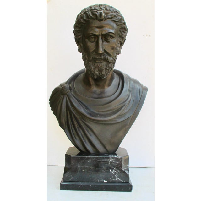 Cast bronze of the Roman Emperor Marcus Aurelius. Mid-Century Hollywood Regency style classical figure. Large bronze...