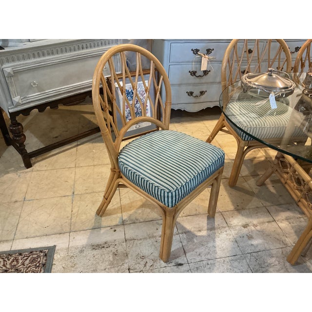 MCM Rattan Bamboo Dining Room Table Set 6 Chairs Glass Top Green Cushions For Sale - Image 10 of 12