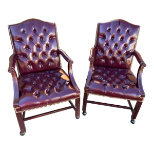 Vintage Traditional Queen Anne Style Oxblood Faux Leather Armchairs - Set of 2
