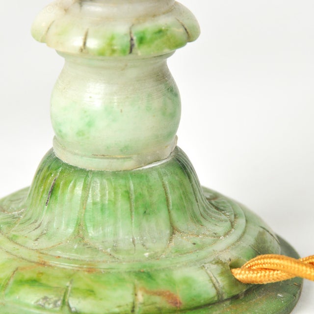 Pair of 1930's Carved Alabaster | Marble | Stone Lamps With Green For Sale - Image 11 of 17