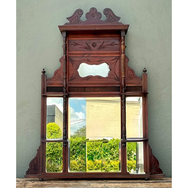 Vintage Eastlake Carved Wood Mantle Mirror For Sale - Image 4 of 17