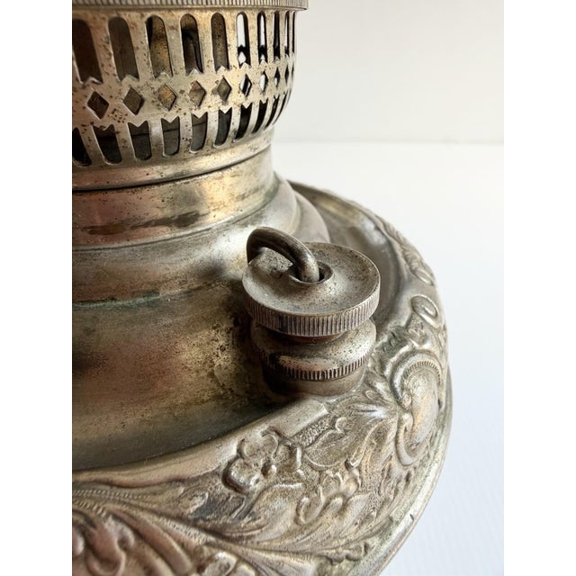 The Meteor Silver Repousse Antique Oil Lamp, Converted to Electric For Sale - Image 17 of 18