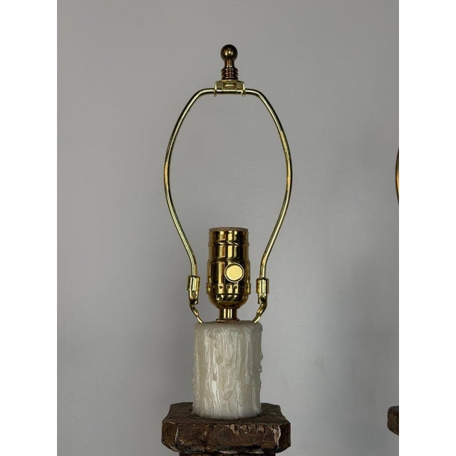 Chocolate Mid 20th Century Italian Neoclassical Corinthian Column Table Lamps Distressed Giltwood - a Pair For Sale - Image 8 of 15