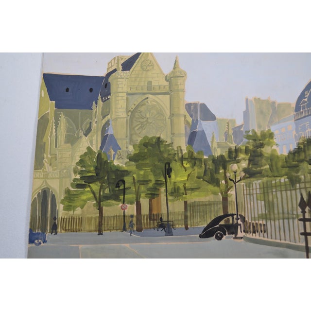 Paint French School of the 20th Century "Paris - View of St Germain L'Auxerrois" Gouache Monogrammed, Dated 1958 For Sale - Image 7 of 11