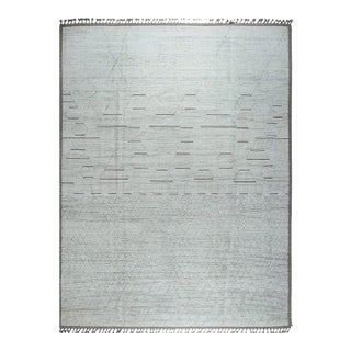 9x12 Ivory Hand-Knotted Wool Linear Geometry Tribal Modern Carpet Rug For Sale