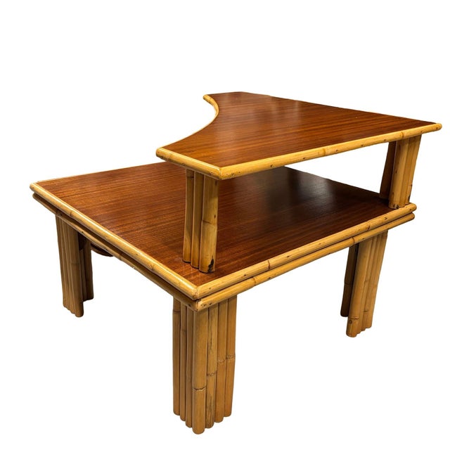 1950s Restored Mid-Century Stacked Rattan & Mahogany Two-Tiered Corner Side Table For Sale - Image 4 of 5