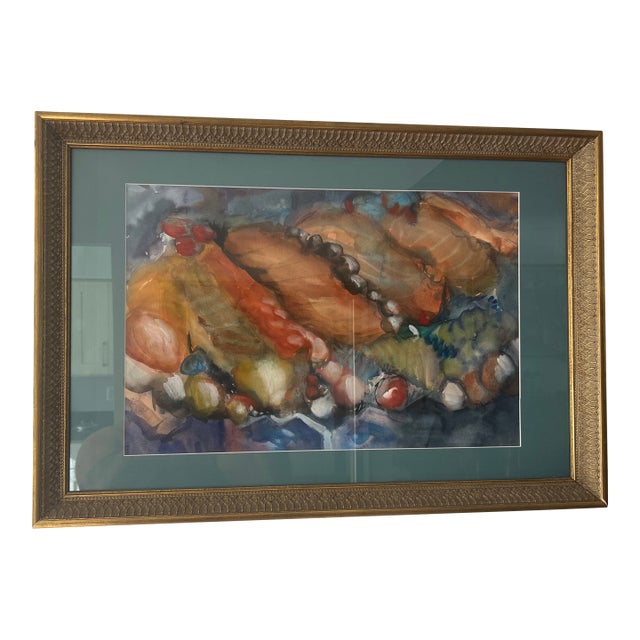 Modern American Watercolor Signed Framed Titled Sushi and Caviar For Sale