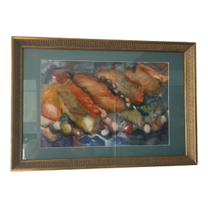 Modern American Watercolor Signed Framed Titled Sushi and Caviar