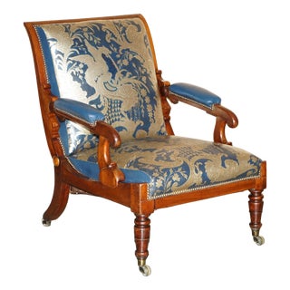 Antique Napoleonic Hardwood and Blue Leather Reclining Library Armchair by Robert Daws, 1830s For Sale