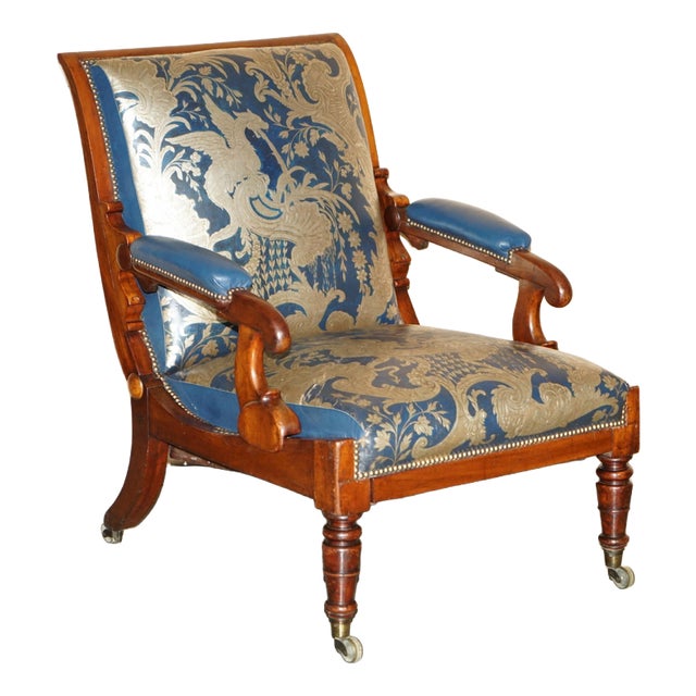 Antique Napoleonic Hardwood and Blue Leather Reclining Library Armchair by Robert Daws, 1830s For Sale