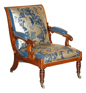 Antique Napoleonic Hardwood and Blue Leather Reclining Library Armchair by Robert Daws, 1830s