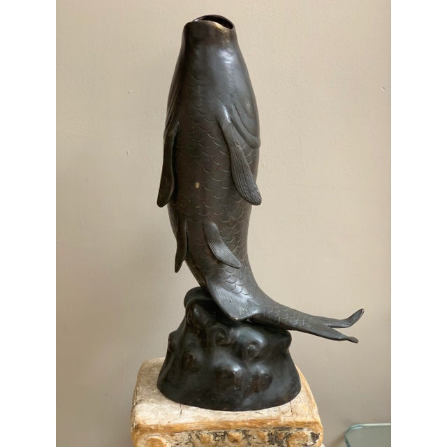 Large Asian Brass Jumping Fish Koi Vase For Sale - Image 4 of 10