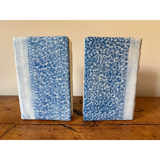 Pair of Faux Book Themed Book Ends, Blue & White Hand Painted Ceramic, Heavy For Sale - Image 4 of 8
