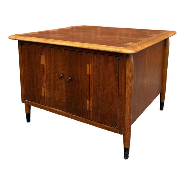 Mid Century Modern Inlaid “Bow-Tie” Attributed Lane Acclaim End Table With Double Doors by Andre Bus, 1960s For Sale
