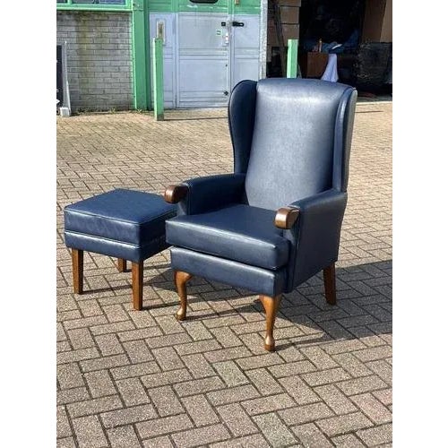 Set of Blue Leather Armchair & Foot Stool For Sale - Image 10 of 11