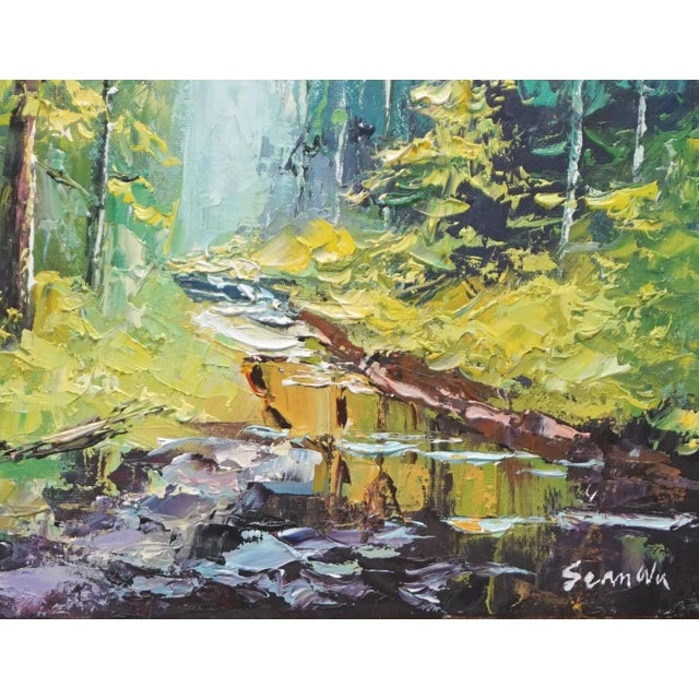 Original oil landscape by Sean Wu, The stream in the pine forest is flowing quietly.