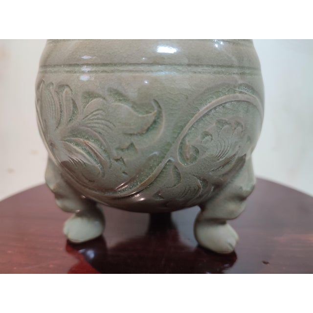 Early 20th Century Chinese Ceramic Censer Hand Carved Yaozhou Ware Celadon Three Legs Censer For Sale - Image 5 of 12