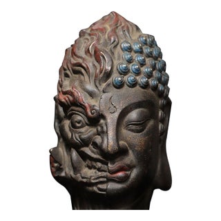Vintage Bronze Two-Faced Head Sculpture Buddhist Deity Altar Bust 5.9" For Sale
