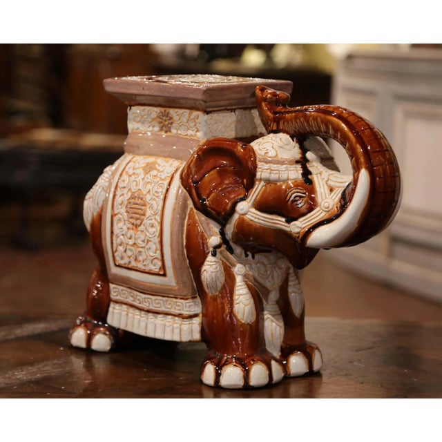 Mid-Century French Hand Painted Faience Elephant Garden Seat or Side Table For Sale In Dallas - Image 6 of 9