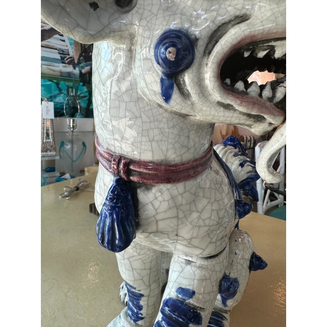Blue Vintage Oriental Blue & White Large Foo Dog Terracotta Porcelain For Sale - Image 8 of 13