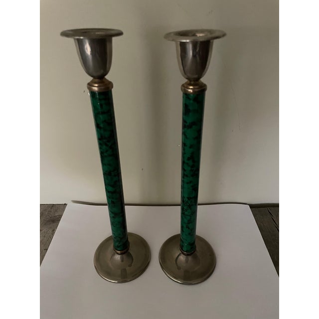 Faux Malachite Candlesticks, 1980s, Set of 2 For Sale - Image 6 of 6