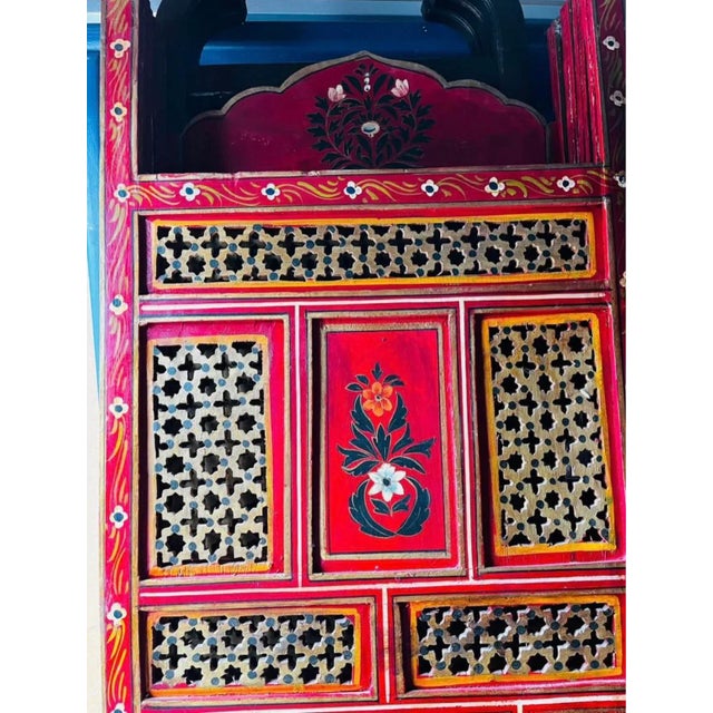 Beautiful vintage 4-panel folding room divider with intricate hand-painted floral designs and gold lattice accents. The...