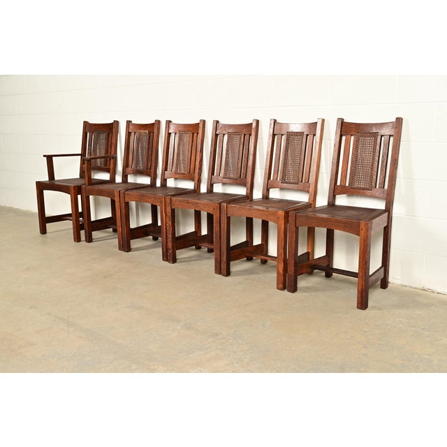 Charles Limbert Lifetime Furniture Antique Mission Oak and Cane Arts & Crafts Dining Chairs, Set of Six For Sale - Image 4 of 14
