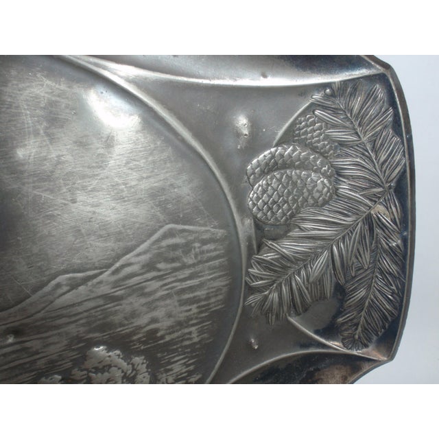 Silver Large Oval Vintage Pewter Platter With Roe Deer in Mountains With Pinecone Edge For Sale - Image 8 of 12