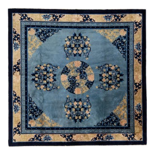 1920s Medallion Handmade Antique Chinese Peking Square Wool Rug in Blue For Sale