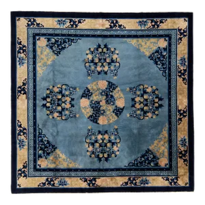 1920s Medallion Handmade Antique Chinese Peking Square Wool Rug in Blue
